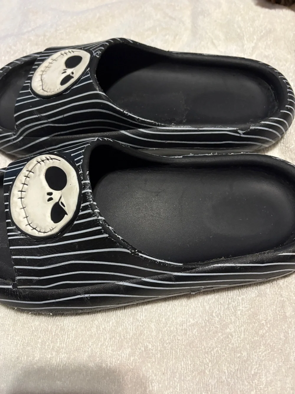 Disney Black Pinstripe Kids Slide Sandals with White Skull Face